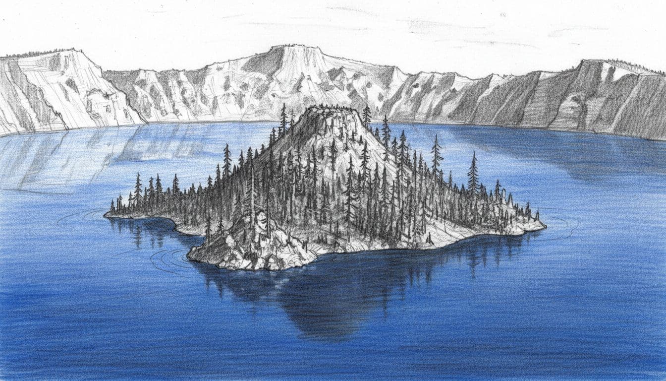 Hand-drawn graphite sketch of Wizard Island, a rocky cone with trees rising from Crater Lake's blue waters, viewed from boat level against rim cliffs, featuring light shading in blues, grays, and blacks.