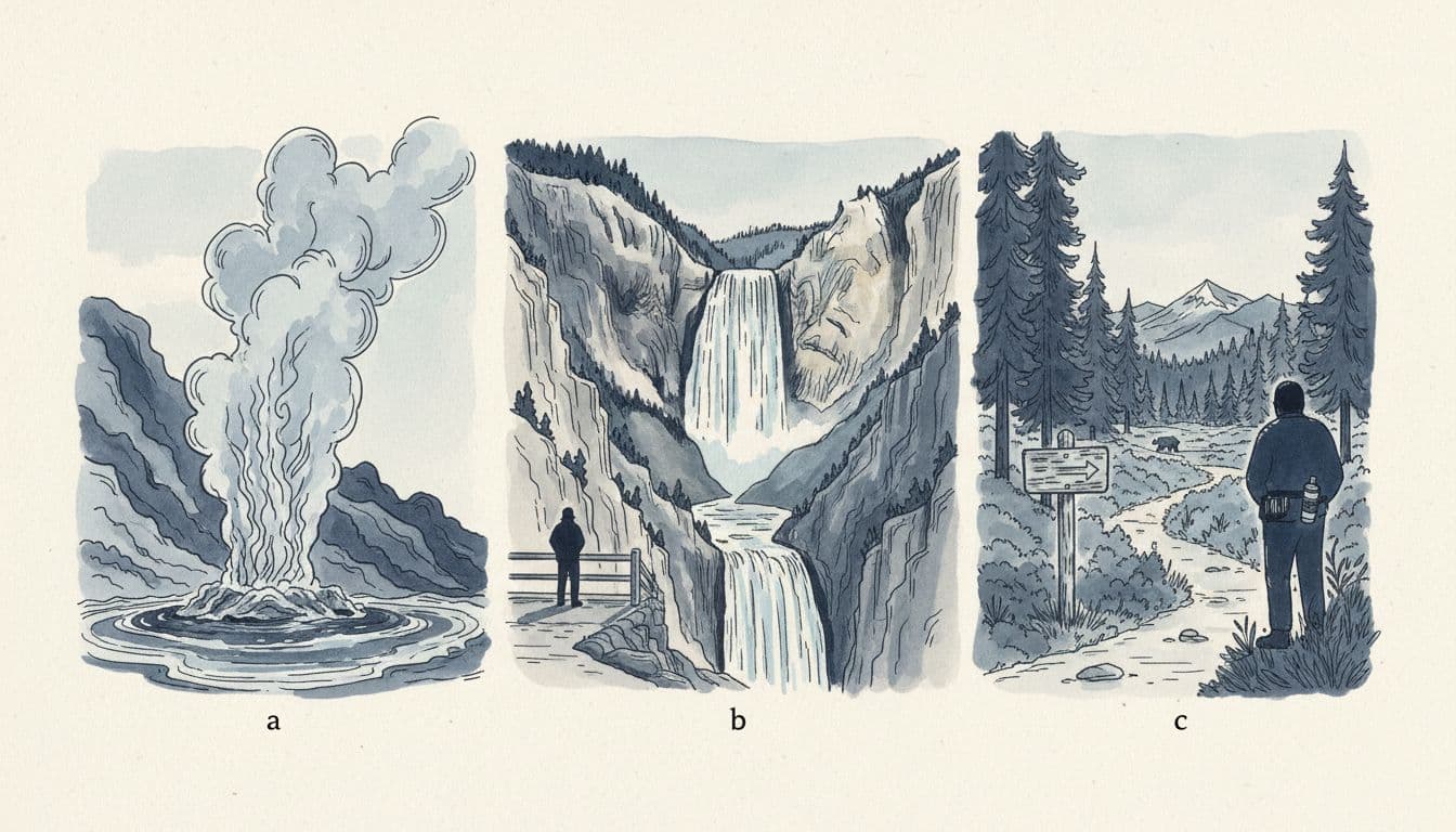 Hand-drawn watercolor and ink illustration in vintage field-journal style depicting Yellowstone's geyser eruption, Lower Falls viewpoint, and wildlife-safe hiking with bear spray silhouette, using cool blues, greys, and textured paper.