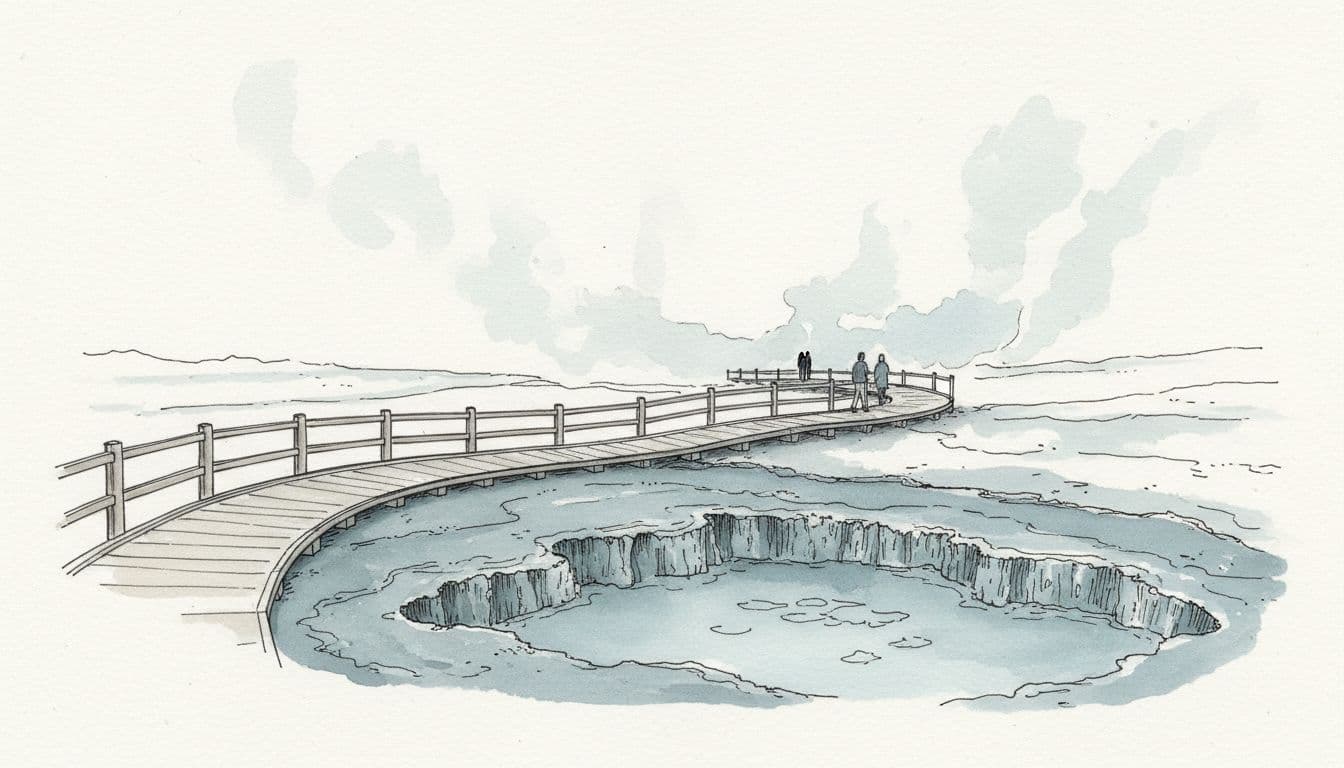Hand-drawn watercolor and ink illustration in a sketchbook style for a Yellowstone hiking guide, featuring a short trail boardwalk near a hot spring with muted blue-grey tones, rising steam, and distant silhouette hikers.