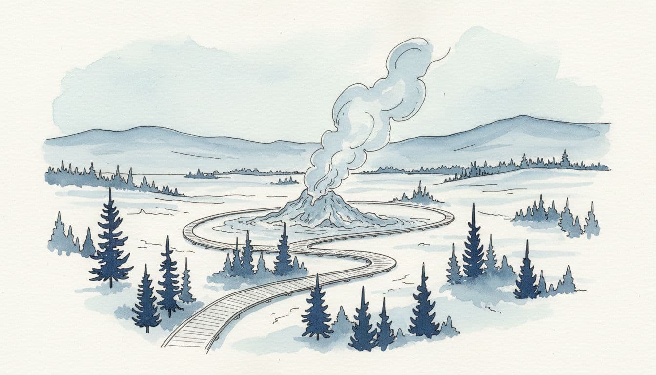Hand-drawn illustration in sketchbook watercolor and ink style capturing Yellowstone's Upper Geyser Basin boardwalk area, with a steaming geyser cone, winding trail amid lodgepole pines, distant mountains, and atmospheric steam in cool blues and greys.
