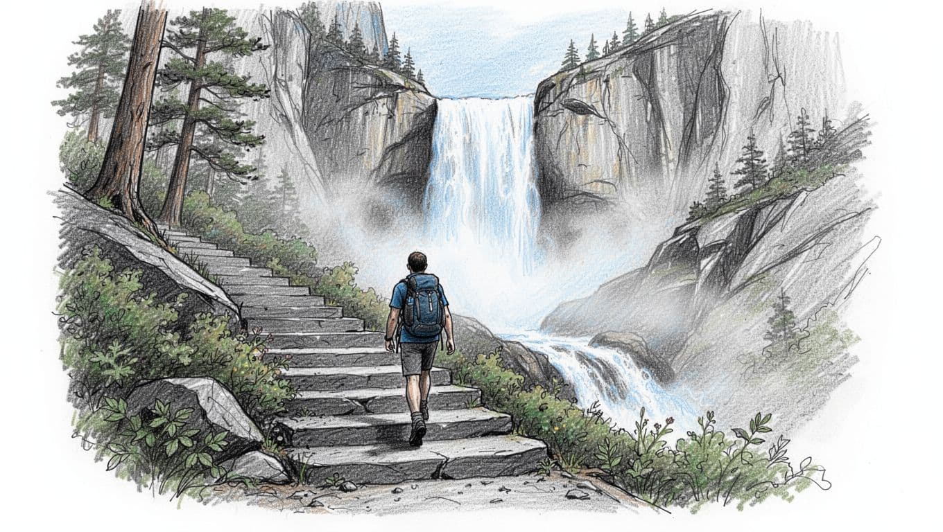 Hand-drawn graphite sketch of a single hiker with backpack midway up stone steps at the start of Mist Trail beside Vernal Fall waterfall in Yosemite Valley, featuring misty spray, granite walls, lush greenery, dynamic uphill view, blues grays blacks with #2563EB mist accent on clean white background.