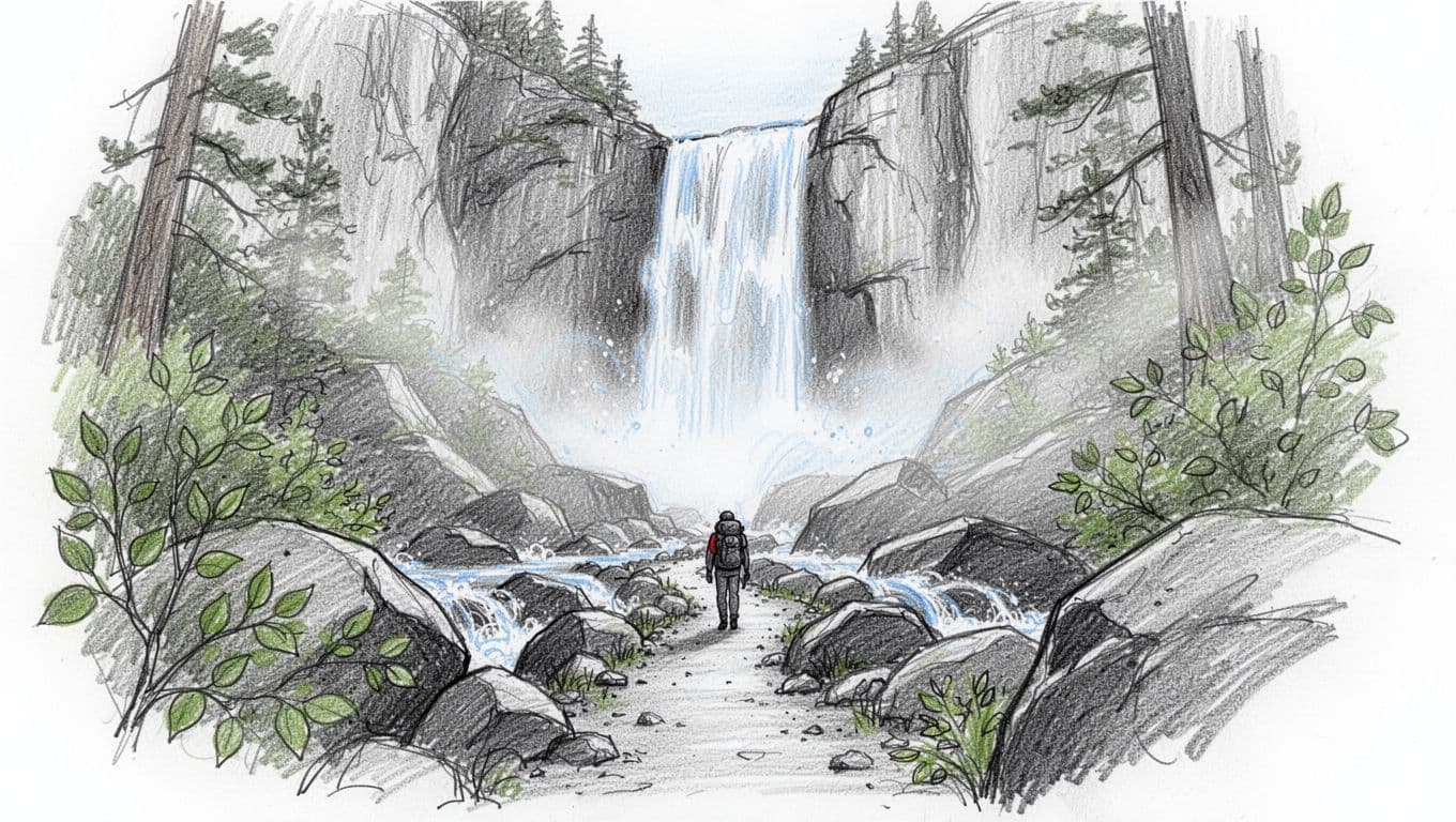 Close view of a misty waterfall trail with spray-covered rocks, green foliage, and a path leading to the base, featuring one distant hiker in hand-drawn graphite sketch style with light shading and blue accents.