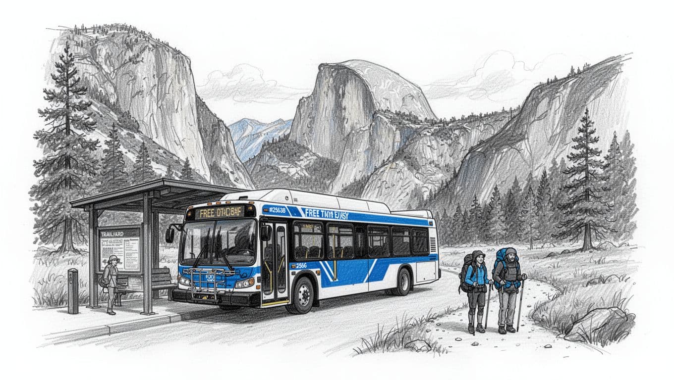 Hand-drawn sketch illustration of a free shuttle bus parked at a Yosemite Valley trailhead stop, featuring granite cliffs like Half Dome in the background and two nearby hikers with backpacks on the valley floor path.