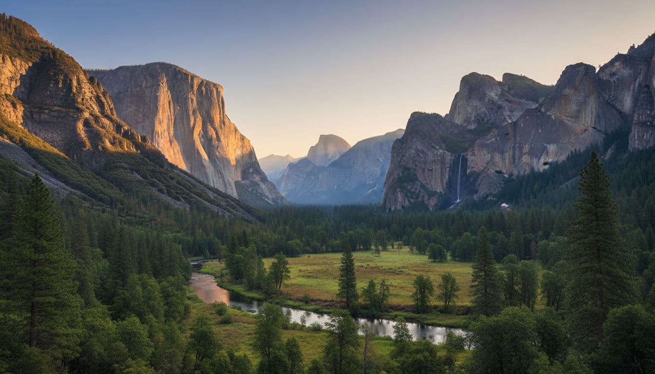 Pemandangan panorama menunjukkan El Capitan di kiri, jarak tengah Half Dome, Sungai Merced melalui padang rumput dengan pohon pinus, tebing granit, cahaya keemasan pagi dan bayangan.