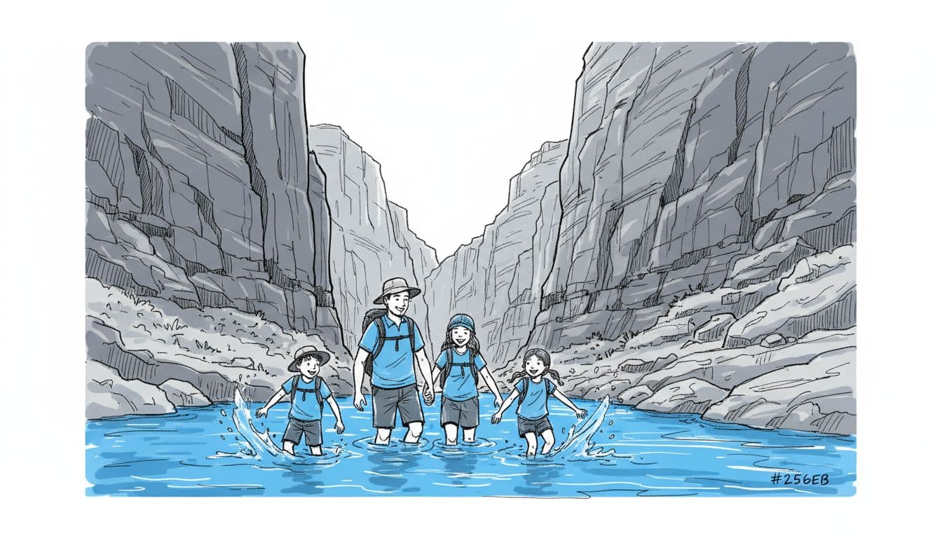 Hand-drawn sketch of a family of four wading and splashing playfully in the shallow river along the Zion Narrows Riverside Walk trail, with tall canyon walls rising high on a white background.
