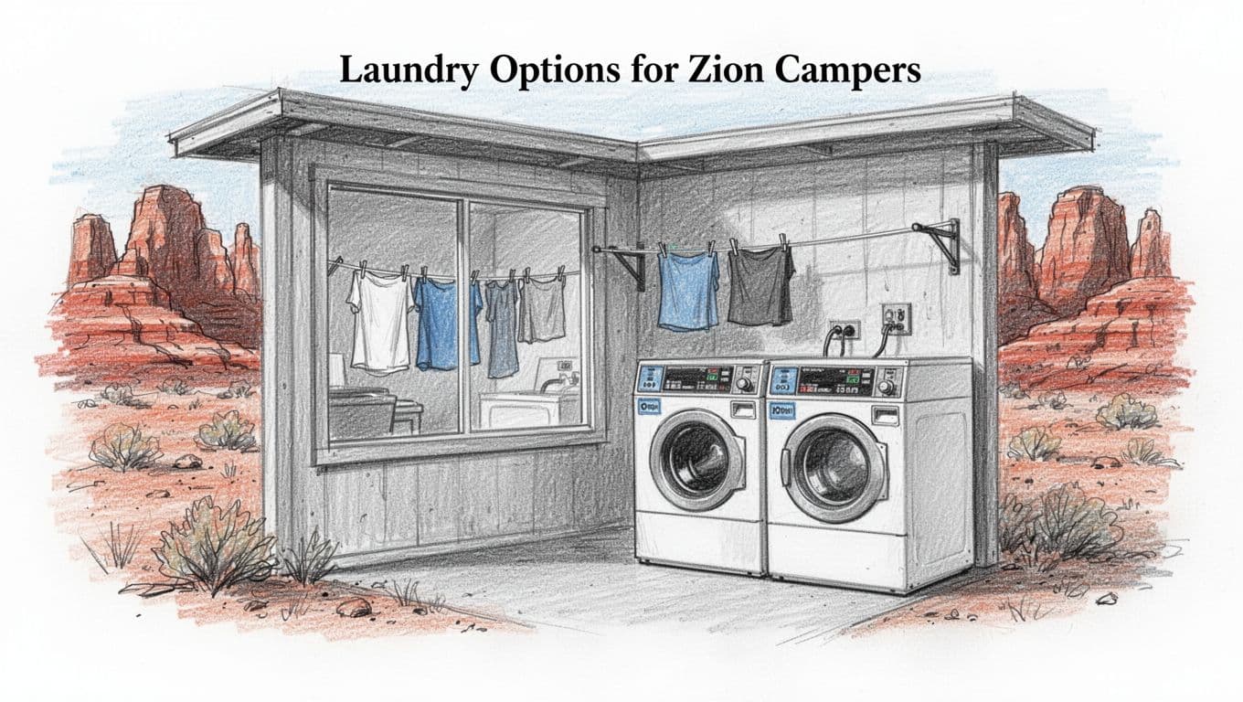 Hand-drawn graphite sketch of a coin-operated laundry room exterior near Zion National Park campground, showing clothesline, two washers, and one dryer through the window against a desert red rocks landscape.