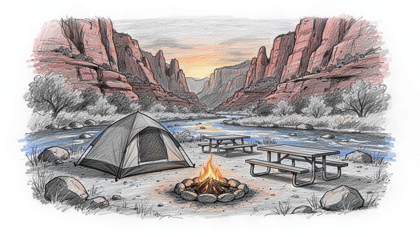 Hand-drawn graphite sketch of Zion National Park's Watchman Campground at dusk, showing one tent, fire ring, and picnic table near the Virgin River with red rock cliffs in the background, using blues, grays, and accents on water and rocks.