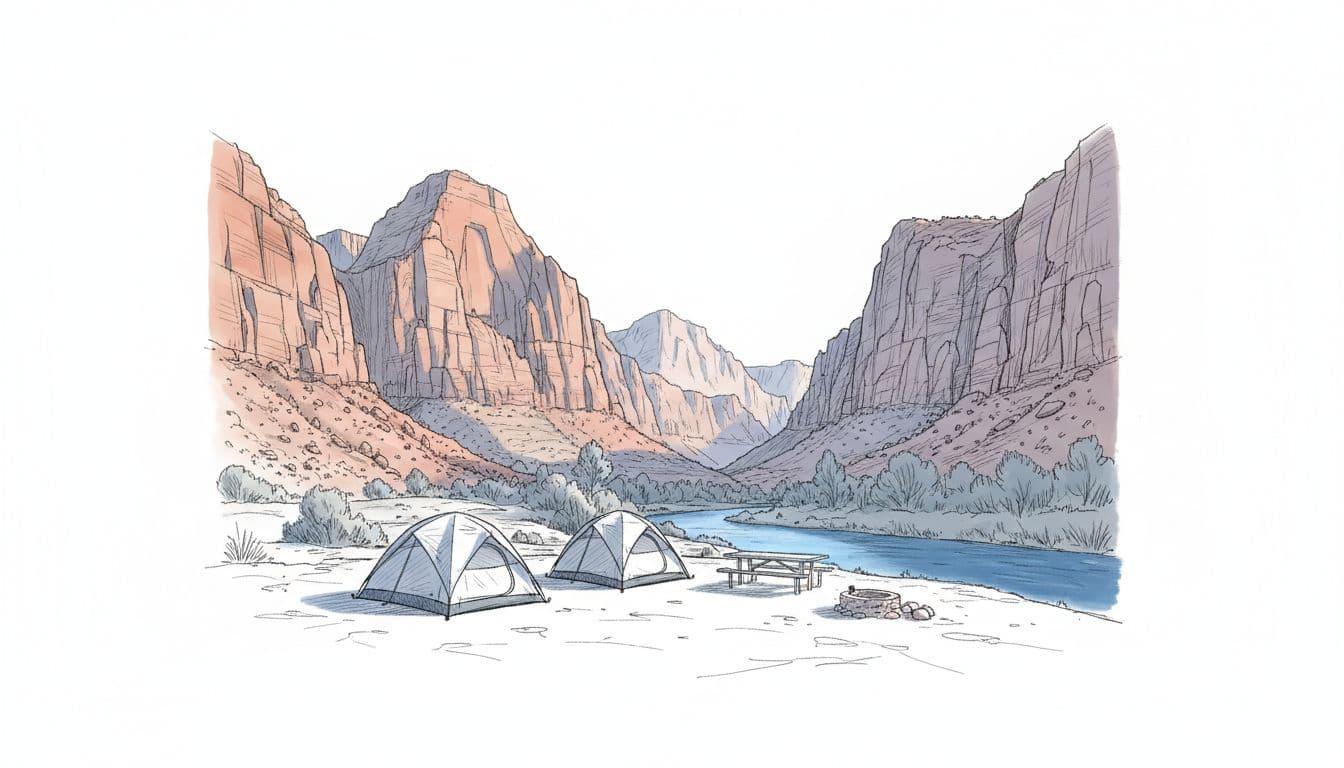 Hand-drawn graphite sketch of two tents at Watchman Campground near red sandstone cliffs and Virgin River, with picnic table and fire ring in evening light using blues, grays, and blacks palette.