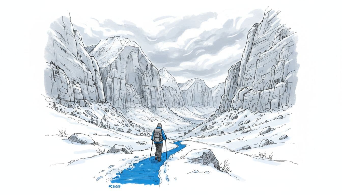 Hand-drawn sketch of a solitary hiker with backpack and trekking poles on a snowy winter trail in Zion National Park, surrounded by towering sandstone cliffs and Angels Landing in the distance under a cloudy sky.