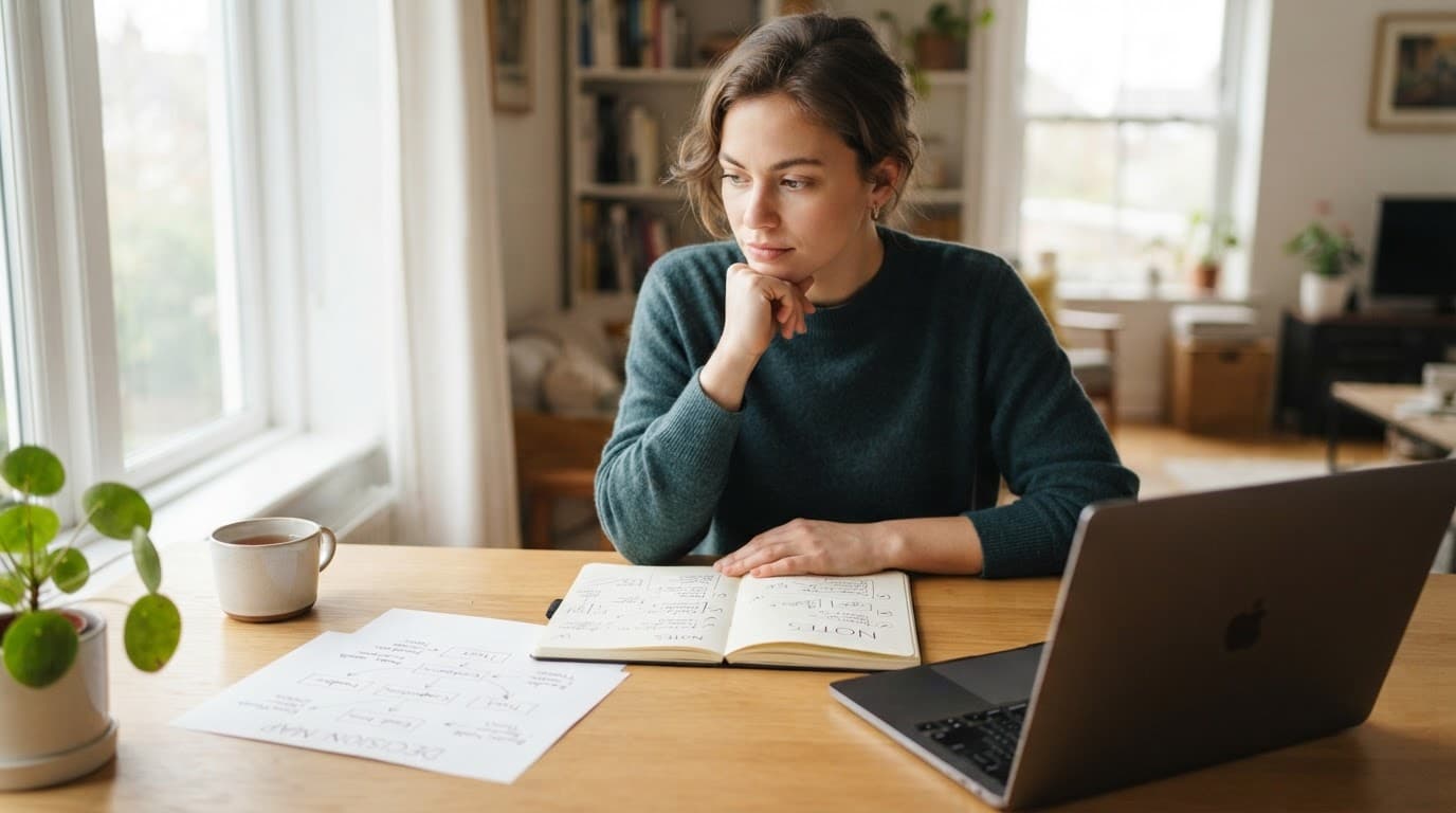 Beginner comparing a product notebook, laptop, and paper decision map at a home office desk.
