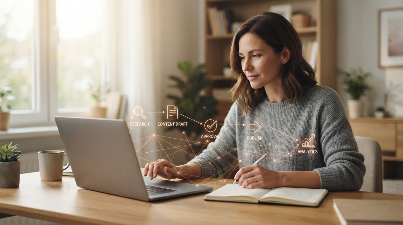 A marketer uses a laptop as glowing lines connect notes, content, approval, and analytics symbols.