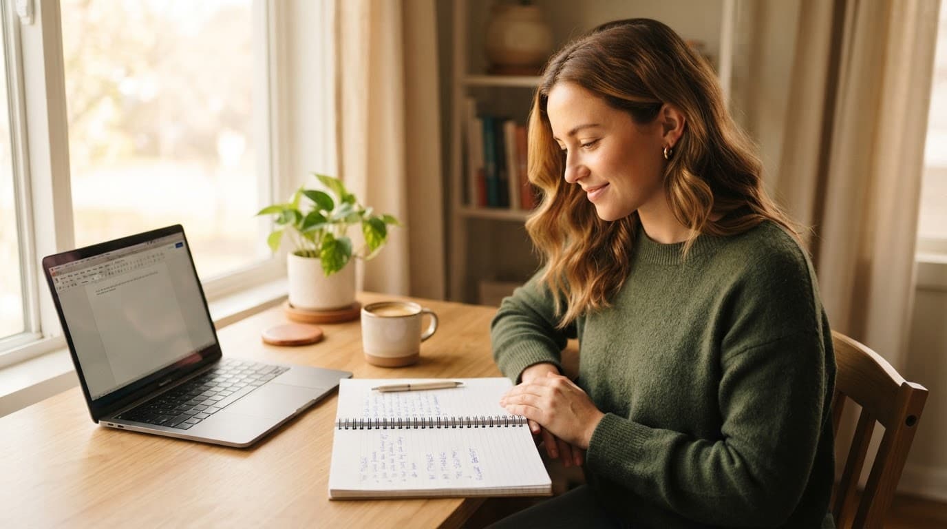 A marketer reviews a handwritten outline beside a laptop, notebook, and coffee.