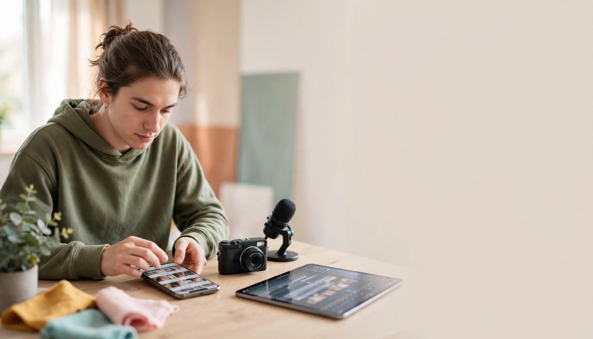A creator edits video on a smartphone beside a camera and tablet.
