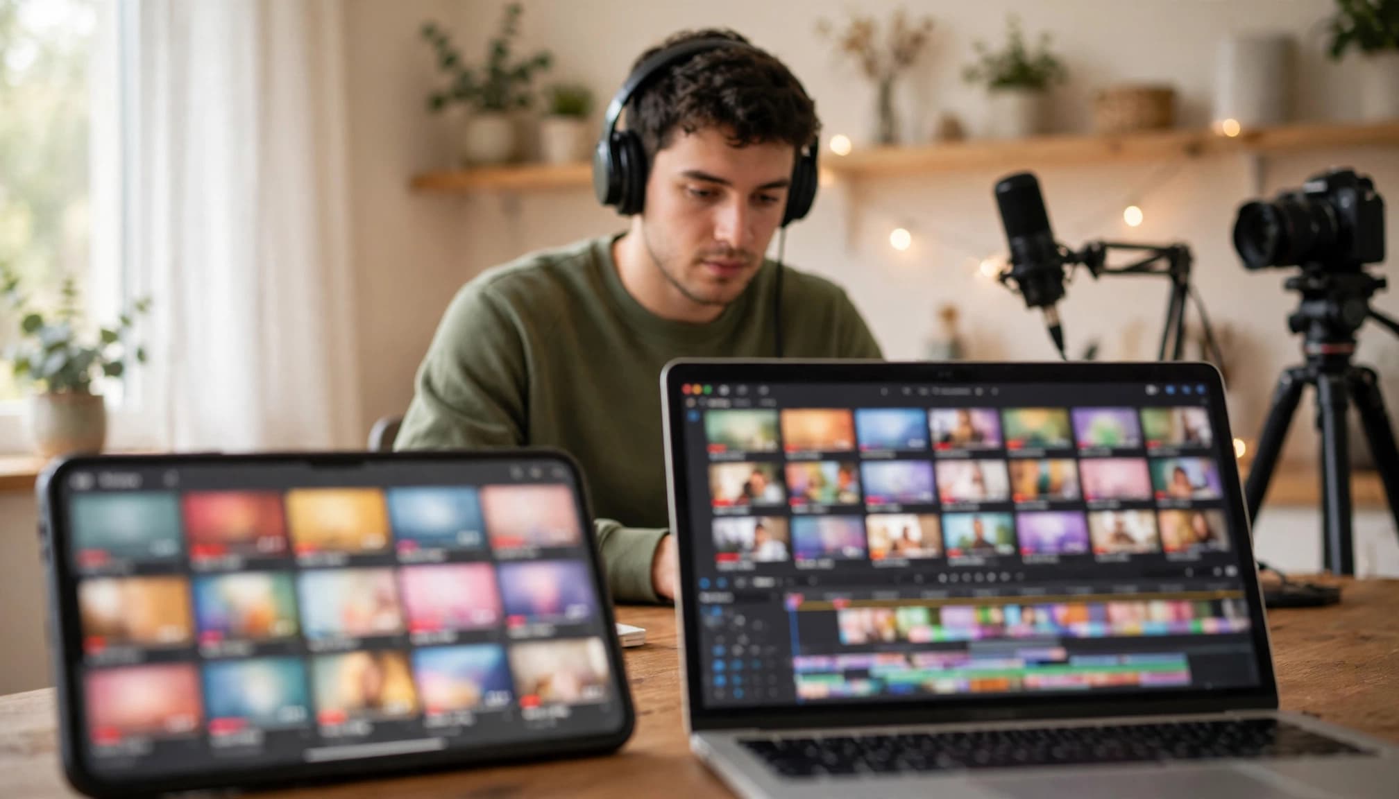 A creator compares video editing software on a smartphone and laptop.