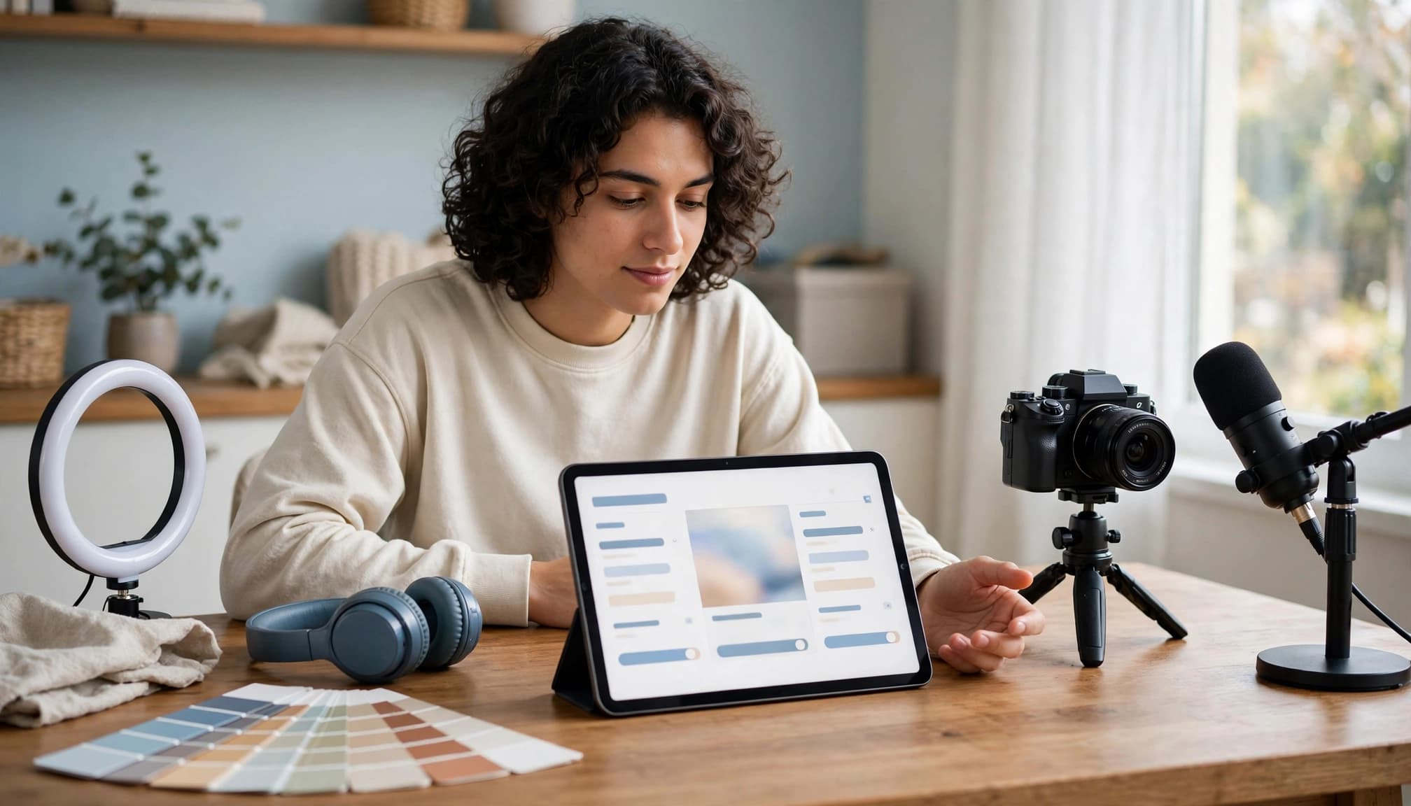 A creator compares video editing options on a tablet beside a camera and microphone.