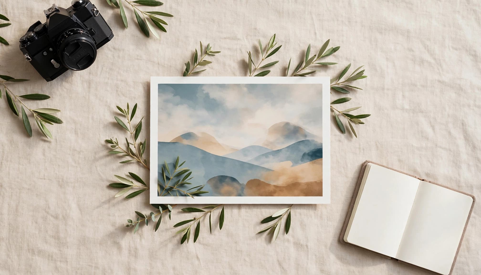 A camera, blank notebook, and leaves frame one abstract landscape photo.