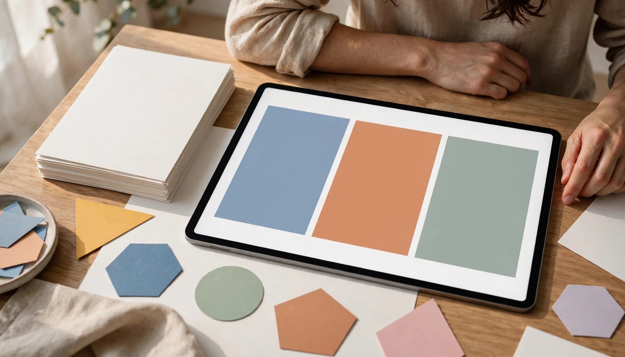 A creator plans a tablet carousel beside blank cards and colorful geometric shapes.