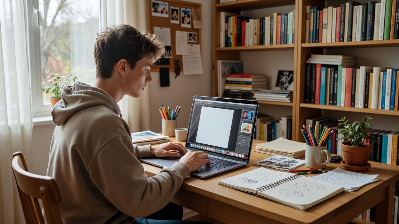 A focused designer sits at a polished wooden desk, working on a sleek laptop within a sunlit room. Art supplies and a small succulent are neatly arranged on the spacious surface.