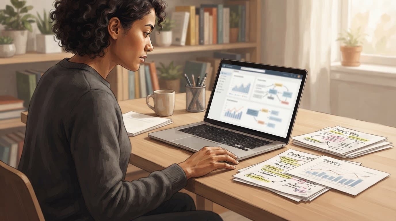 A person reviews an affiliate workflow beside product notes and an analytics chart.