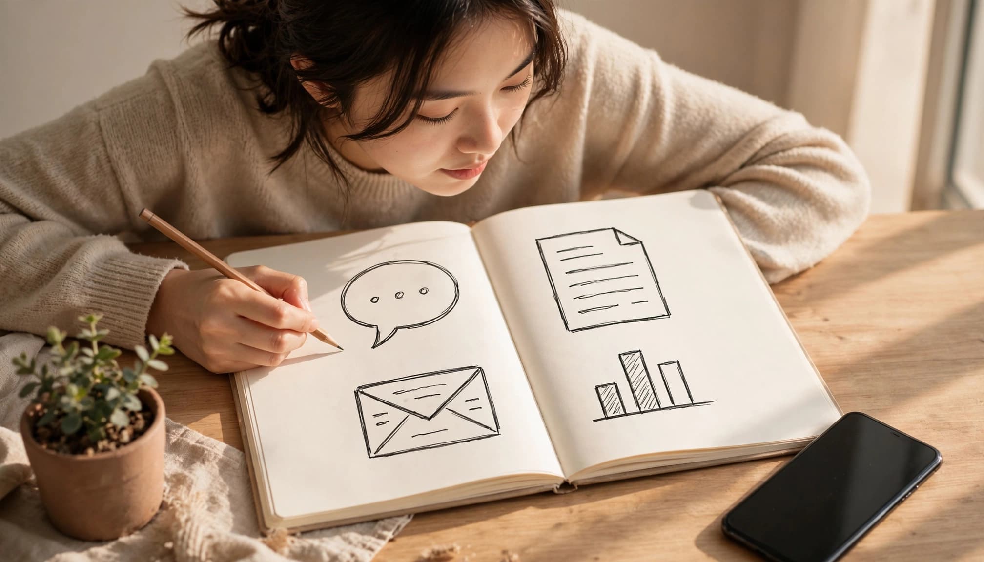 A notebook with content symbols beside a phone and small plant.