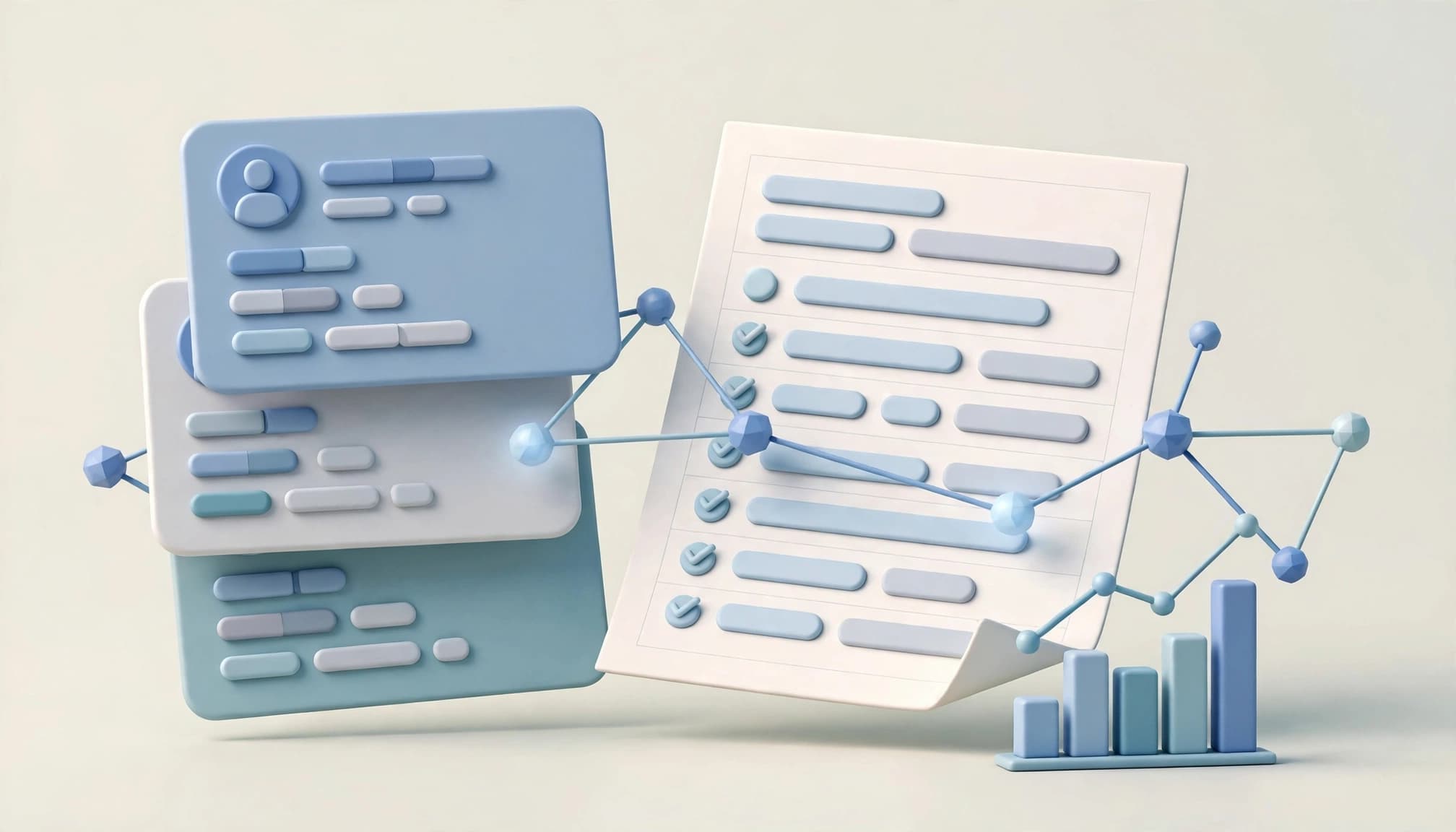Profile cards, a content sheet, chart, and connected nodes arranged on a pale background.