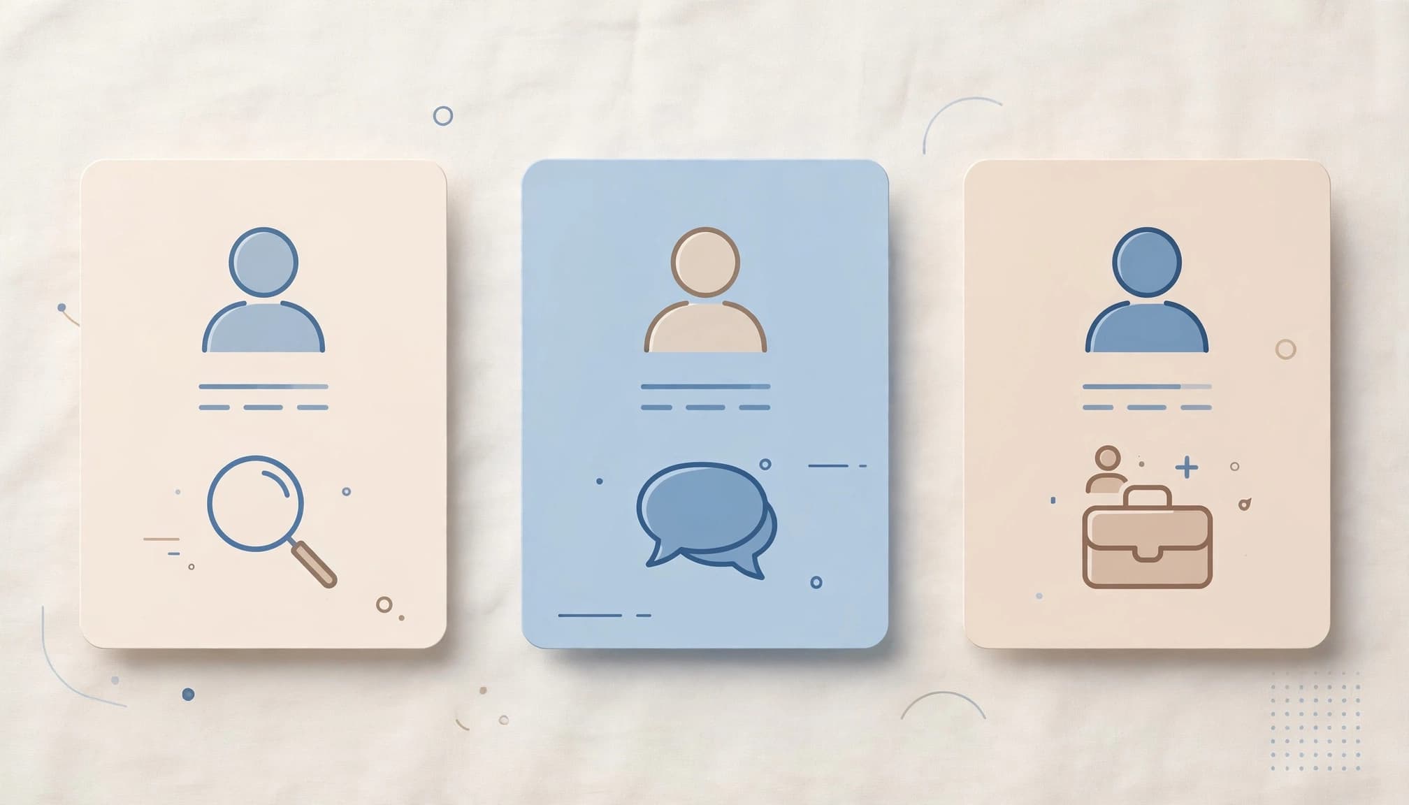 Profile cards sit beside separate search, messaging, and hiring symbols.
