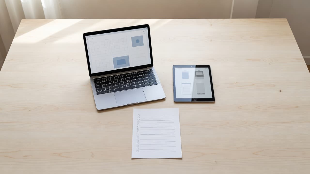 A top-down view shows a clean desk surface holding an open laptop, a tablet, and a printed checklist. Soft natural light illuminates the organized workspace and creates gentle, subtle shadows.
