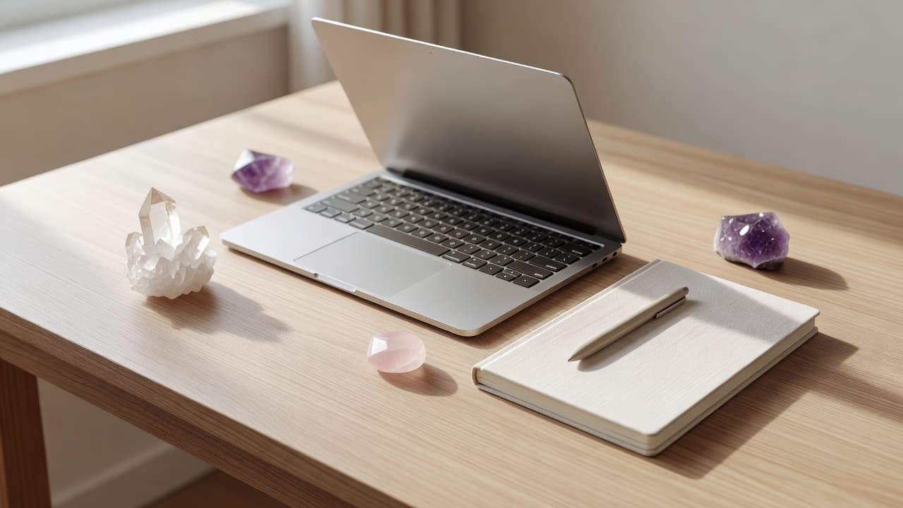 A top-down view shows a sleek wooden desk holding an open laptop, a structured notebook, and three smooth crystals. Soft golden morning light creates gentle shadows across the organized workspace surface.