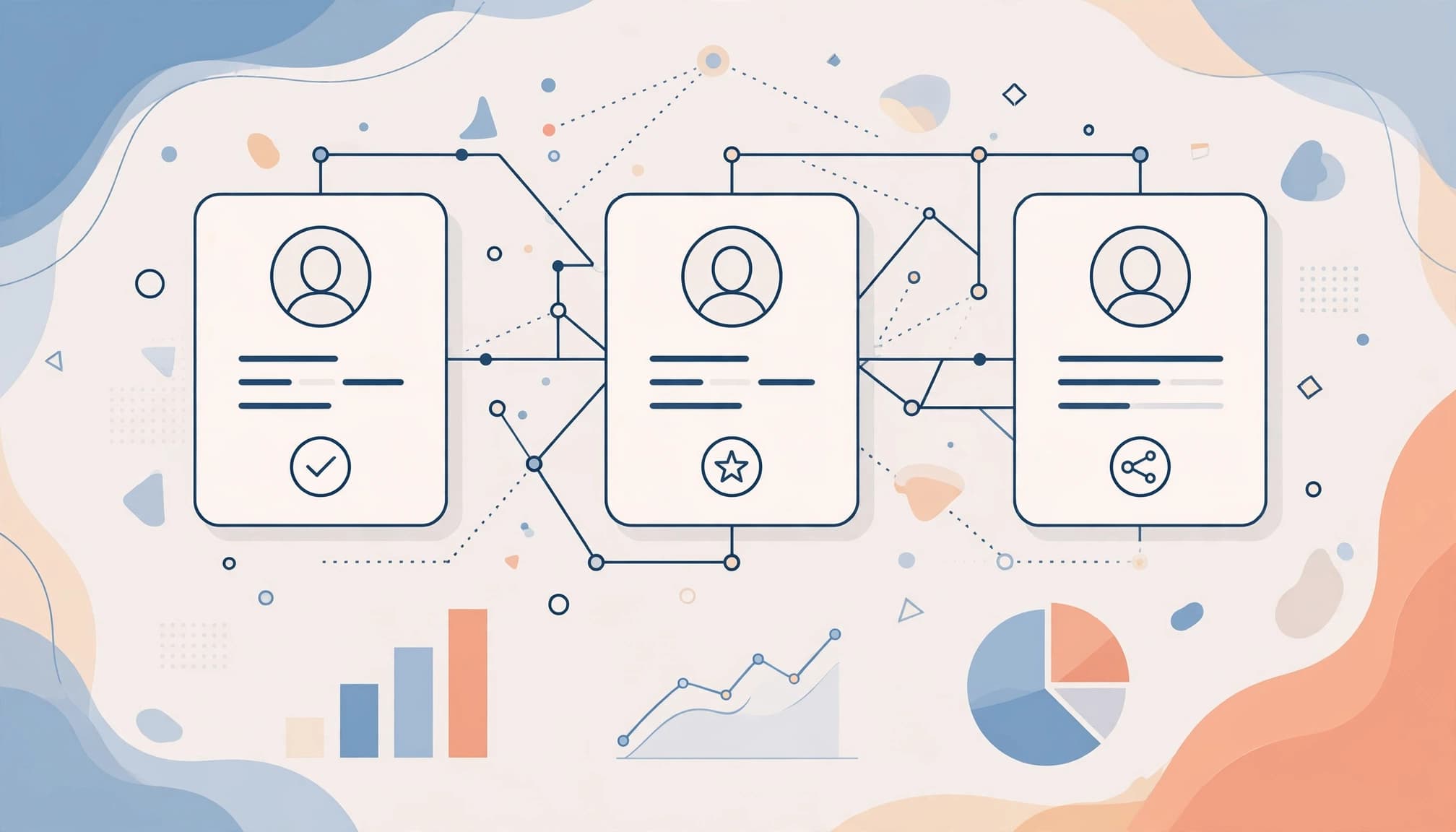 Connected profile cards and simple charts on a light background.