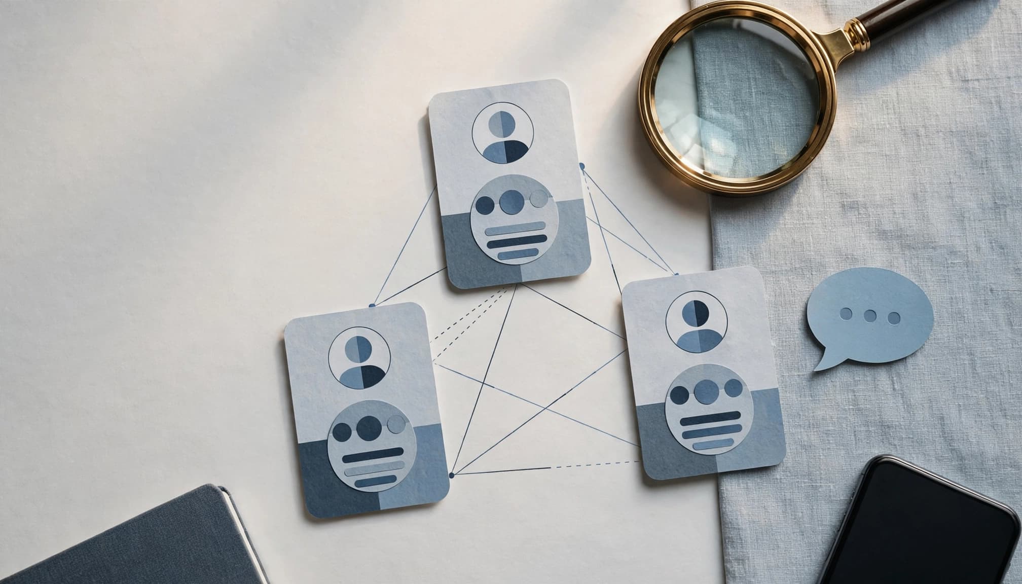 Three linked profile cards with a magnifying glass, message bubble, notebook, and phone.