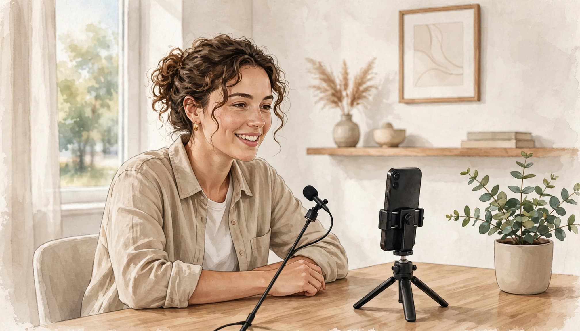 A person records a social media video beside a phone on a tripod in a bright studio.