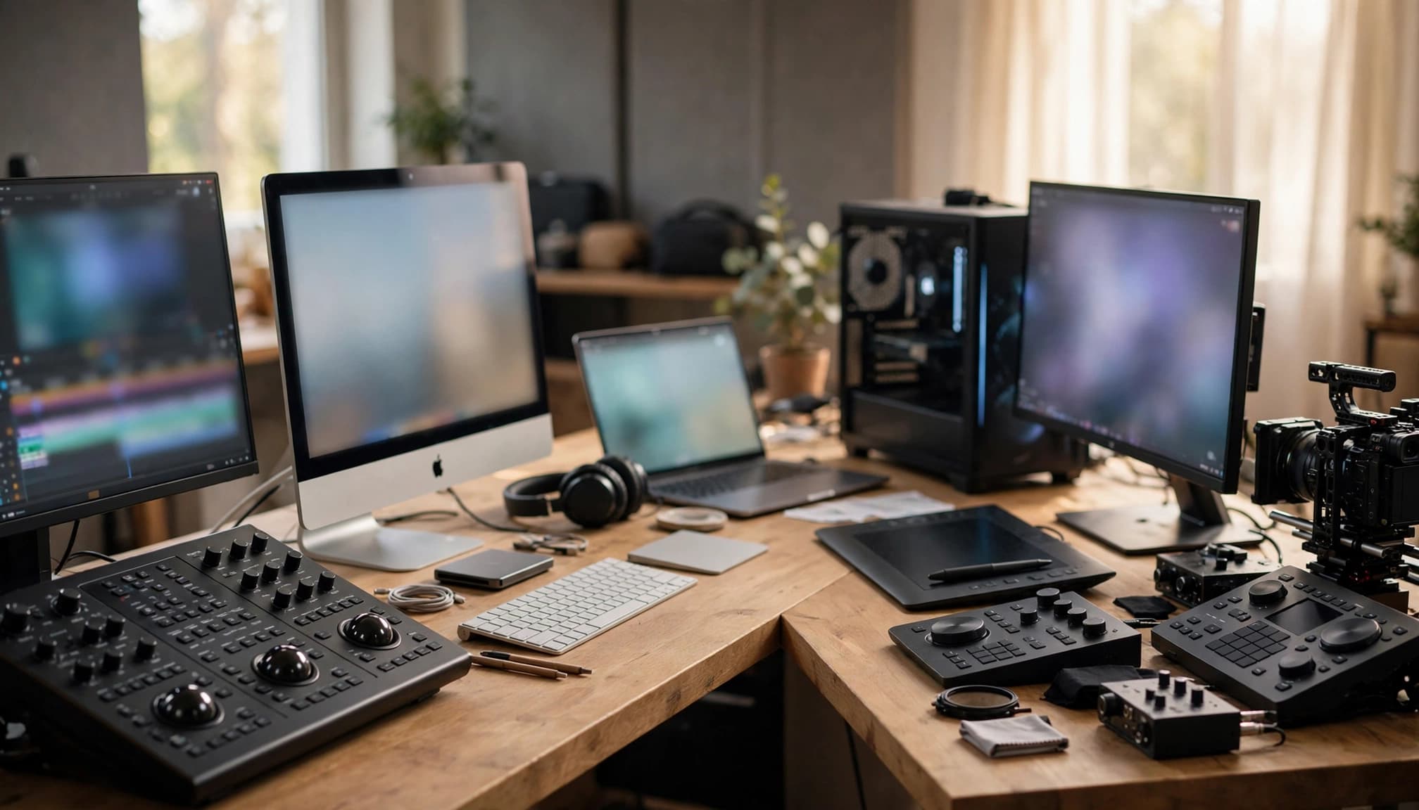 Five video editing setups and a camera arranged across a warm modern studio.