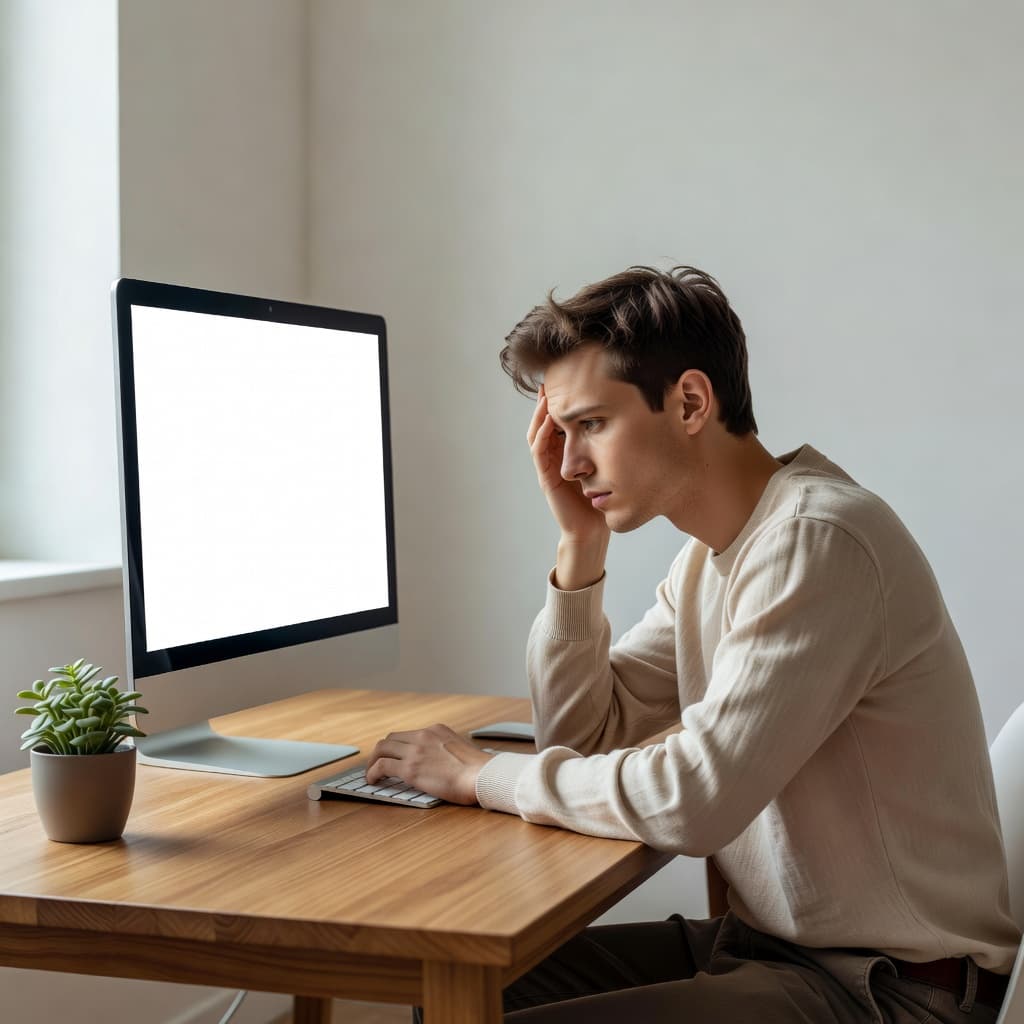 A person sits at a clean wooden desk with their head resting on one hand, staring intently at a blank computer screen. A small green plant sits nearby in the sunlit room.