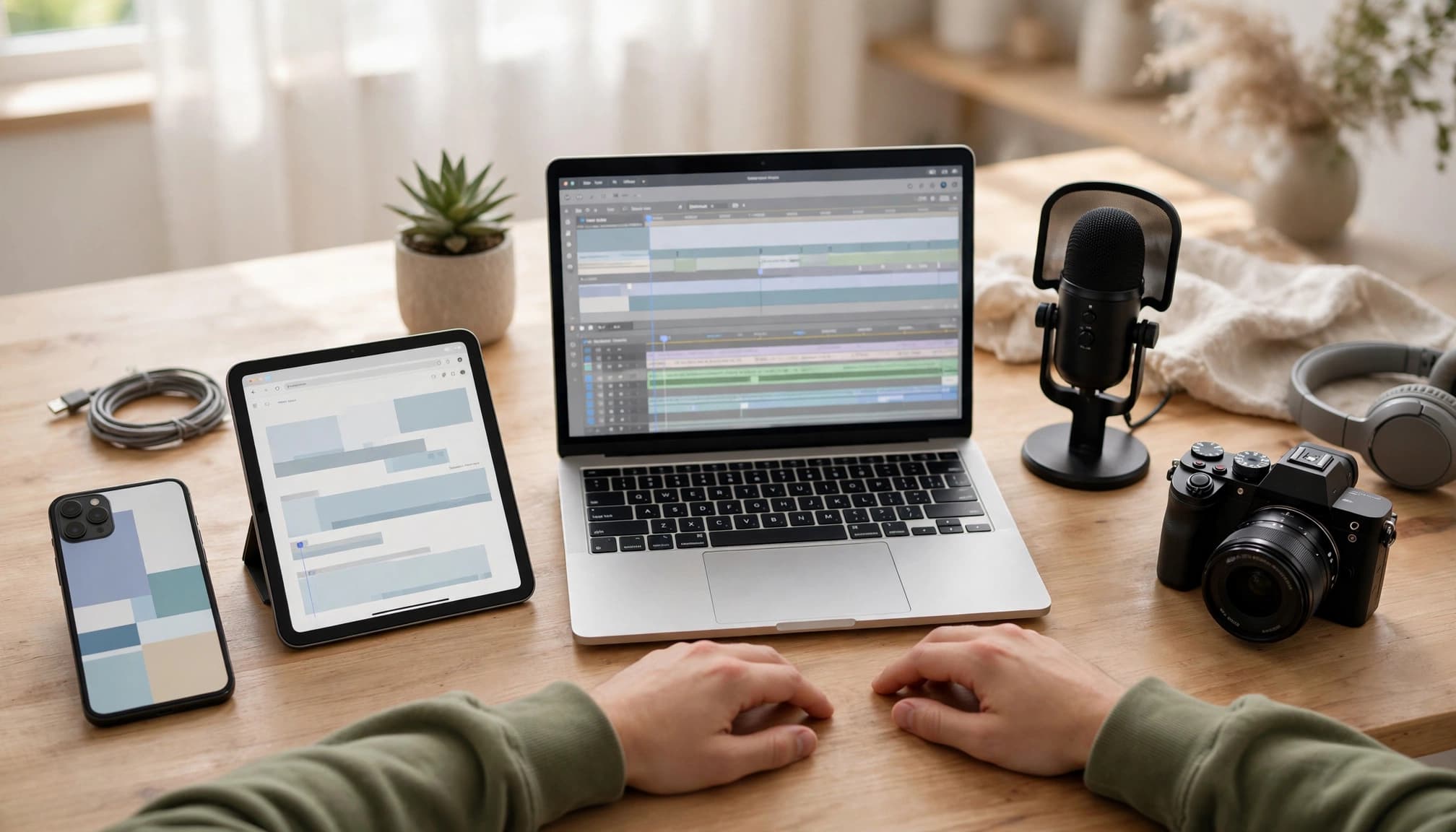Hands rest beside video editing devices on a bright home studio table.