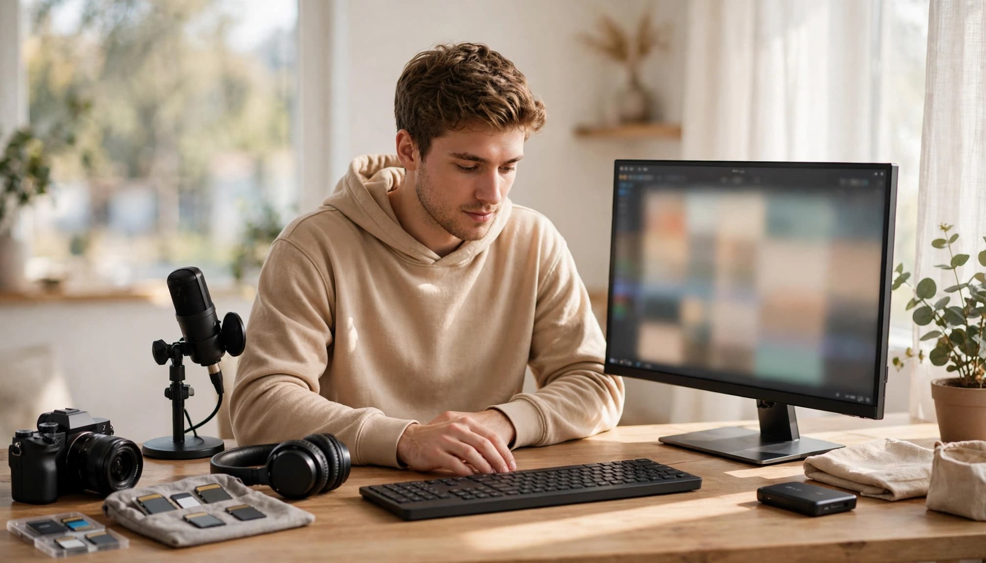 A creator organizes video footage at a home editing desk.