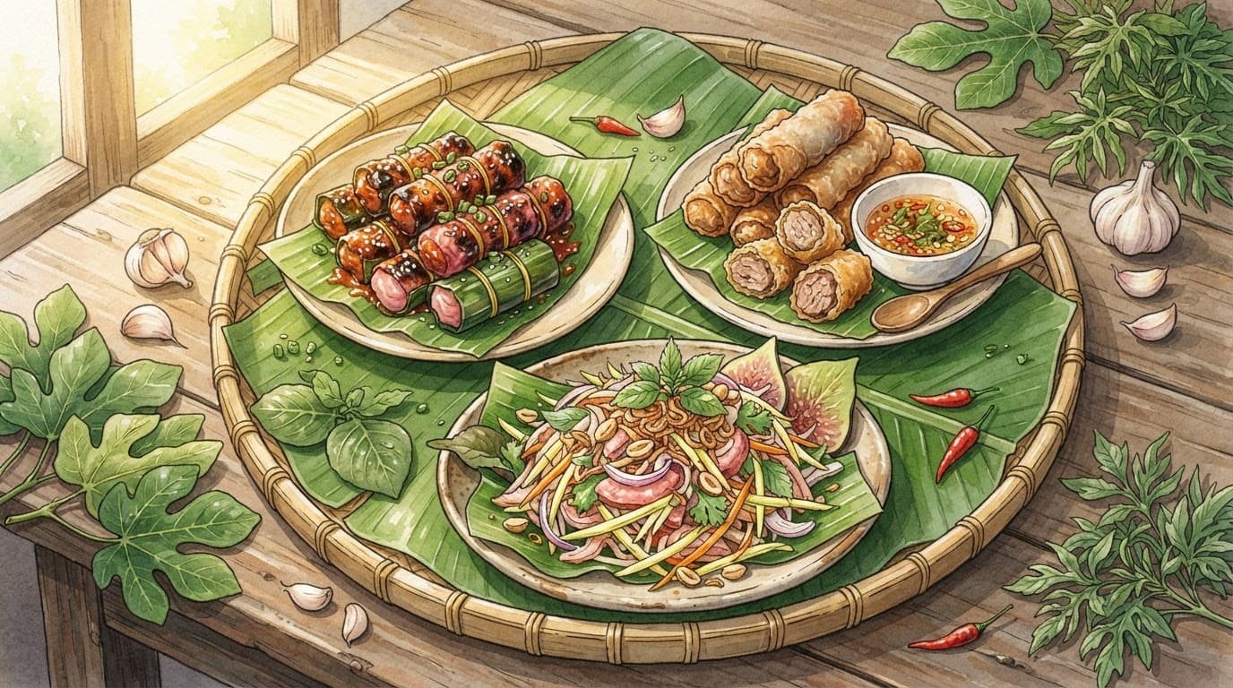 Bảng tre bày nem nướng, nem chiên giòn và tré trộn xoài xanh bên lá chuối.