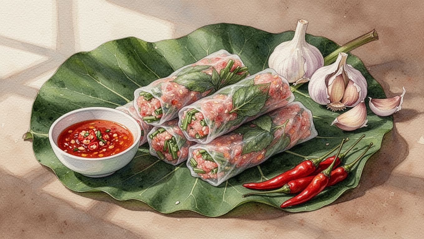 Dĩa nem chua hồng tươi ăn kèm tỏi ớt trên nền lá chuối xanh mát.