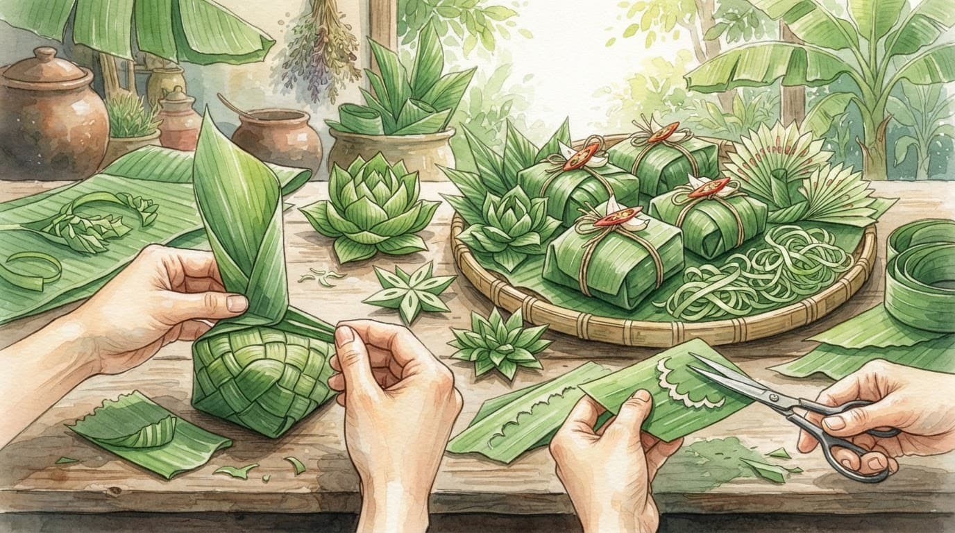 Lá chuối được gấp và cắt thành hình trang trí cạnh đĩa nem chua.