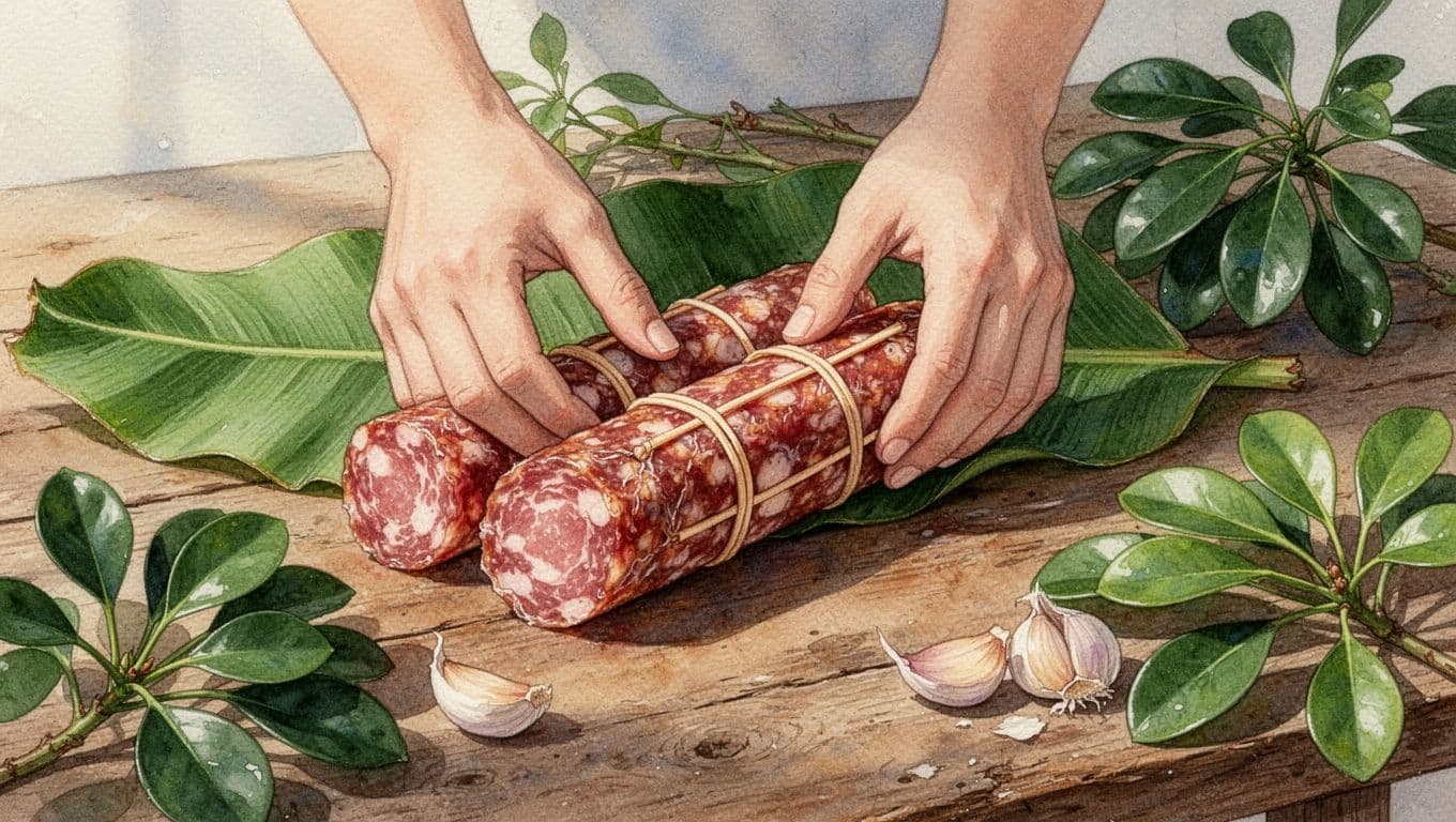 Đôi tay bọc nem chua trên bàn gỗ
