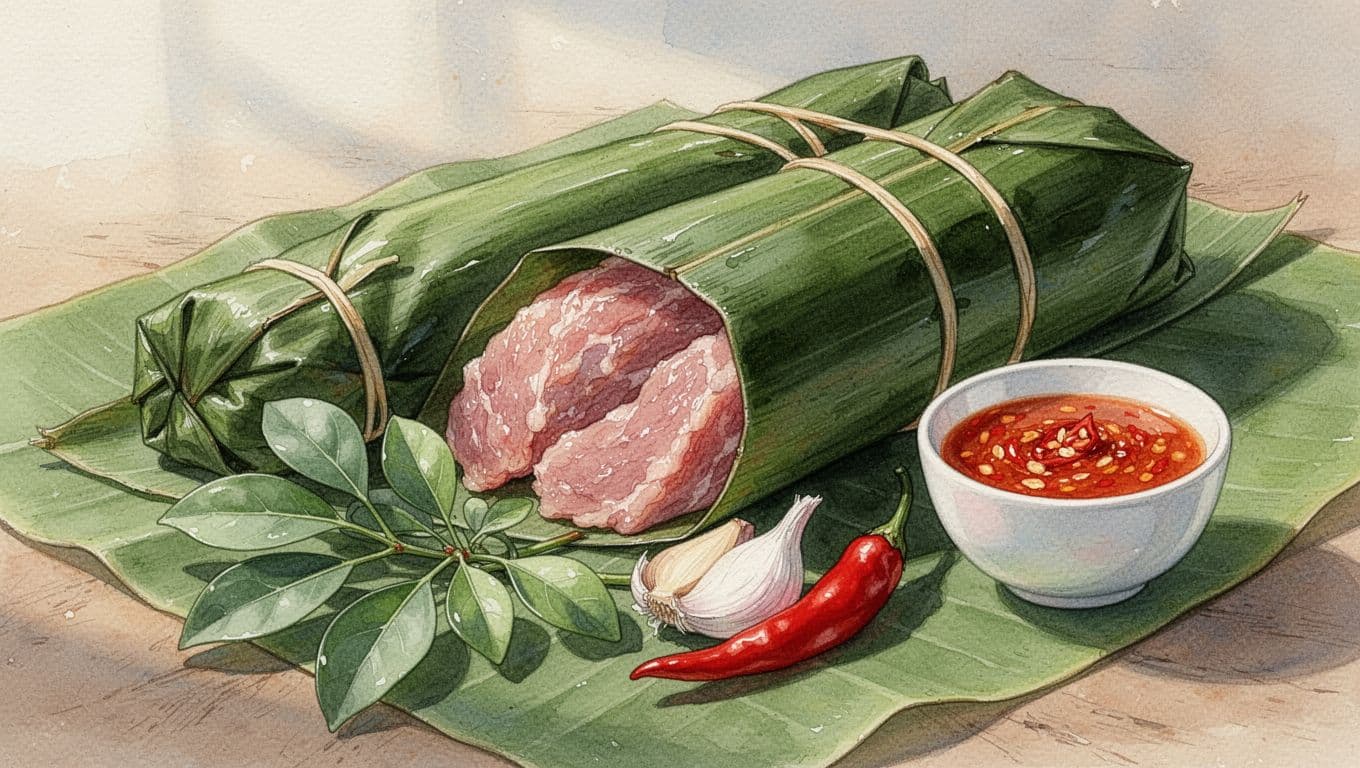 Nem chua bọc lá chuối xanh với lát tỏi và ớt đỏ chuẩn bị kiểm nghiệm an toàn thực phẩm.