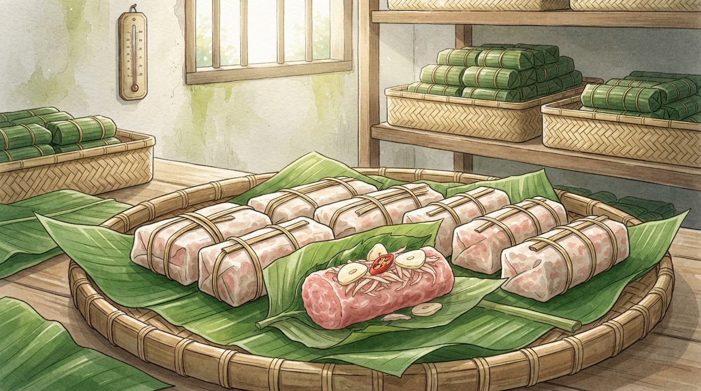 Nem chua bọc lá chuối trên khay tre, một cuộn mở với tỏi, ớt và lá đinh lăng.