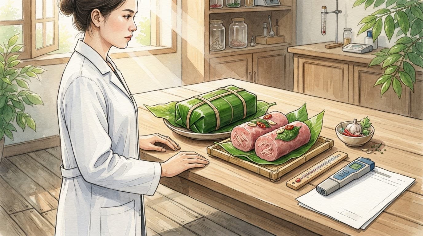 Nhân viên đối chiếu ba mẫu nem chua trên bàn gỗ với dụng cụ kiểm nghiệm.