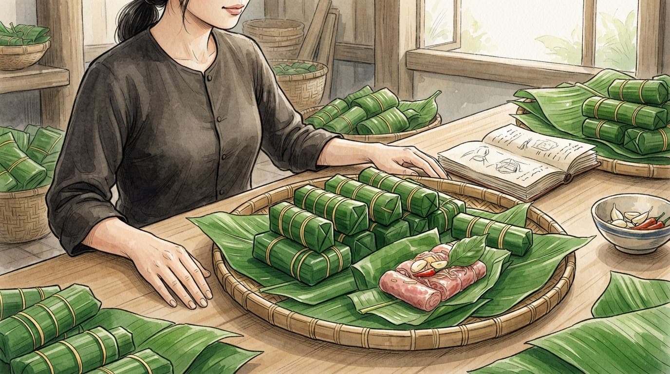 Một người kiểm tra các cuộn nem chua trên khay tre cùng sổ ghi chép.