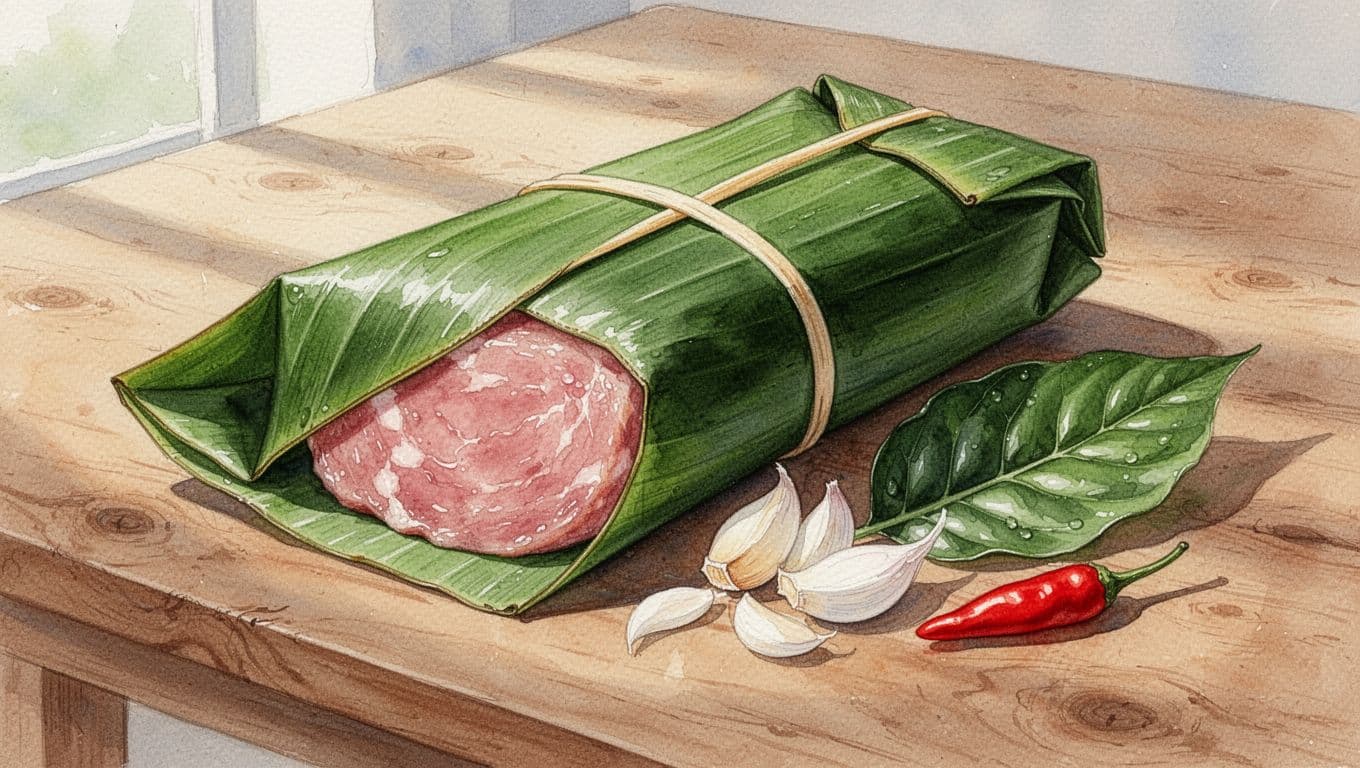 Gói nem chua Thanh Hóa mở ra thấy thịt hồng tươi cùng lá đinh lăng và tỏi ớt trên mặt bàn gỗ.
