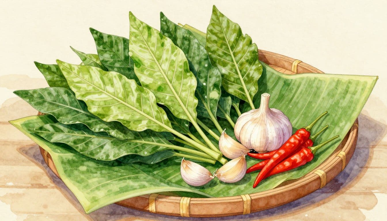 Một khay lá xanh, tỏi và ớt đỏ đặt trên lớp lá gói.