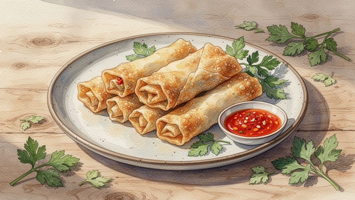 Nem chua chiên vàng đặt trên đĩa gốm cùng tương ớt và rau thơm.