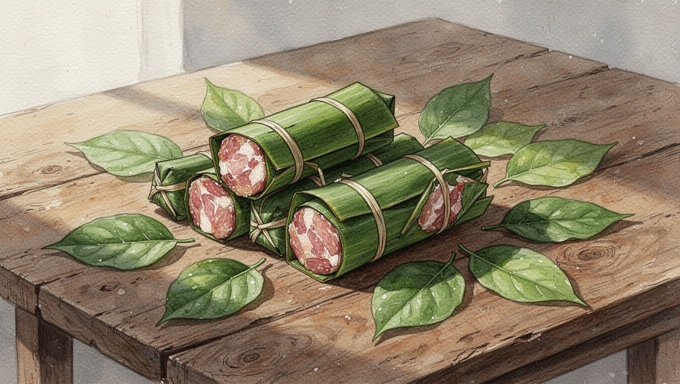 Các cuộn nem bọc lớp lá bên ngoài trên mặt gỗ mộc.