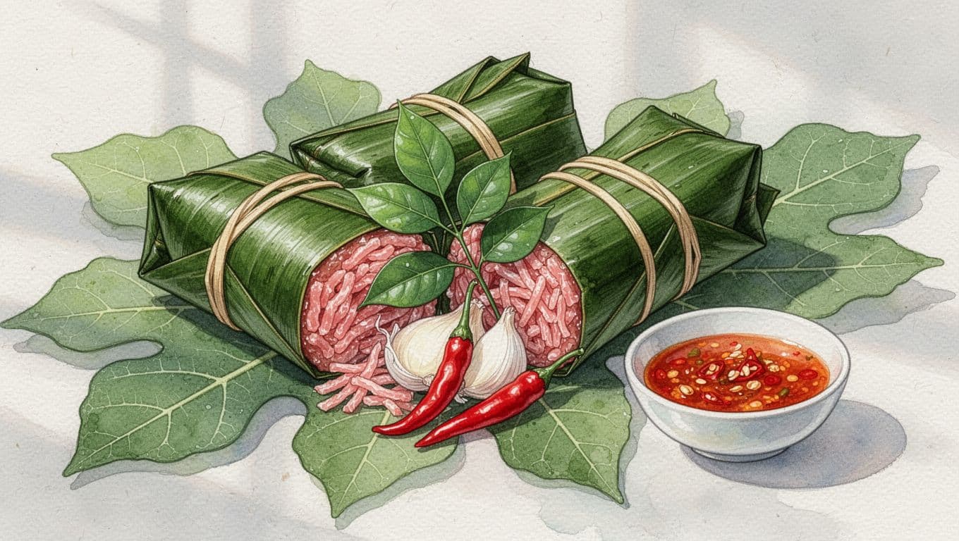 Các cuộn nem chua bọc lá chuối đặt trên lá sung cạnh bát tương ớt.