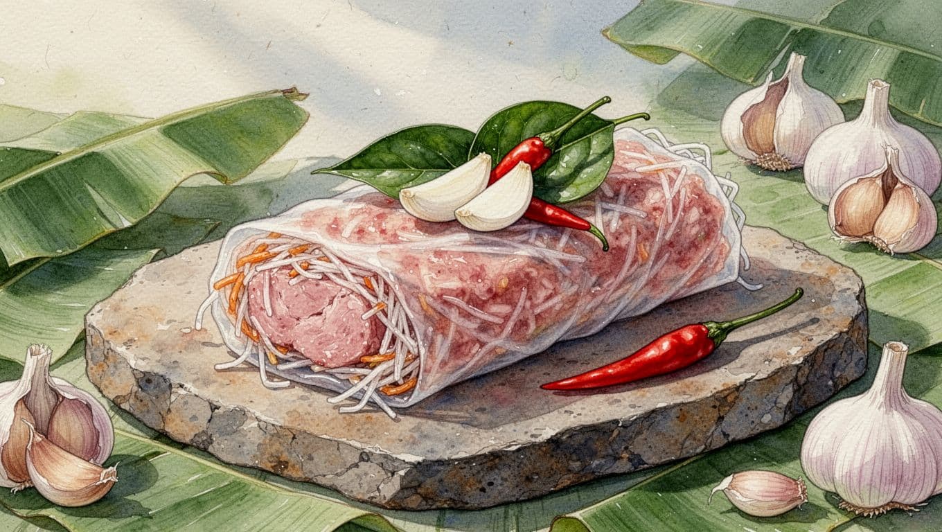 Cuộn nem chua mở, kèm rau xanh, lát tỏi và ớt đỏ trên lá chuối.