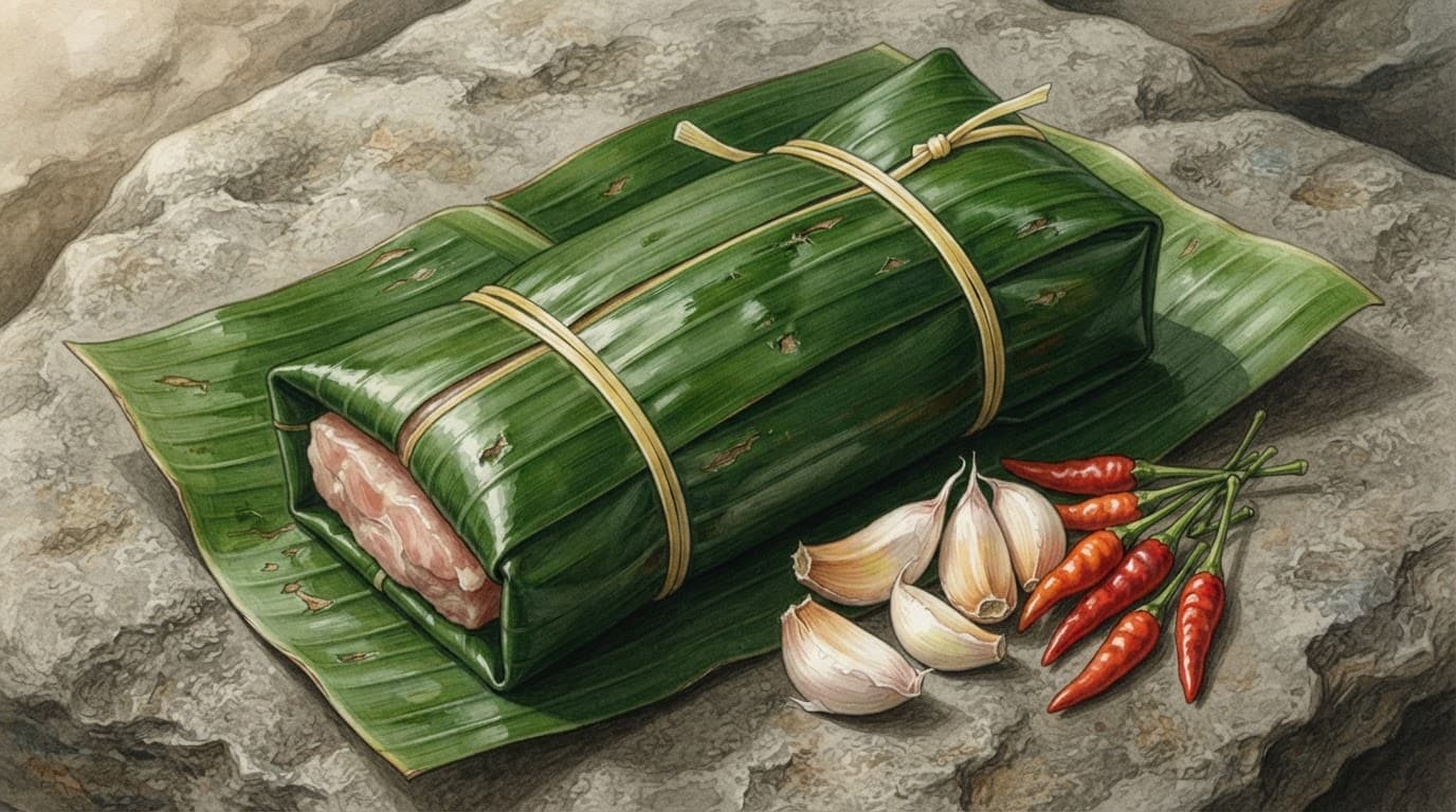 Nem chua bọc lá chuối đặt trên mặt đá.